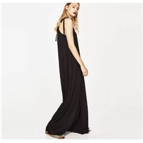 Zara Woman Basic Collection Black Shoulder Tie Flowy Maxi Dress, Size Medium - Picture 4 of 9